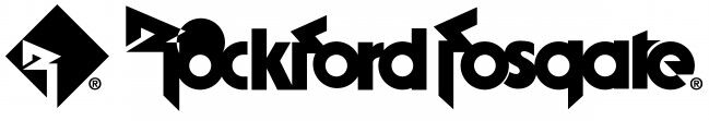Das schwarze Markenlogo von Rockford Fosgate besteht aus einem quadratischen Icon und dem geschwungenen Schriftzug.