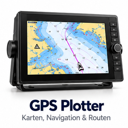 Schwarzer GPS Plotter mit Farbdisplay zeigt Seekarte und Navigation auf einem Halterungsfuß.