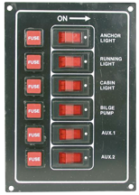 Aluminium Schalttafel, 6-Schalter (beleuchtet), 5A Glassicherungen