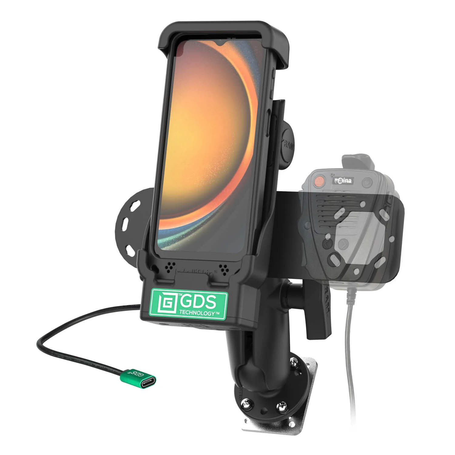 RAM Mounts GDS Fahrzeug-Ladestation für Samsung XCover7 Pro & 6 Pro mit Aina PTT Vorrichtung - C-Kugel (1,5 Zoll), 4-Loch AMPS