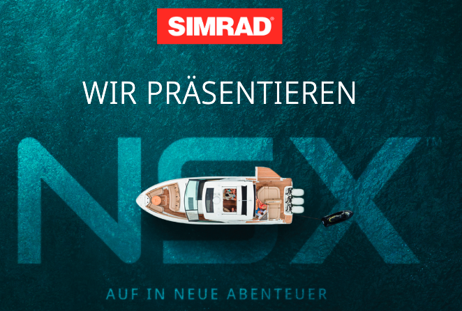 Simrad präsentiert das neue NSX Kartenplotter und Echolot System mit einem Boot aus der Vogelperspektive.