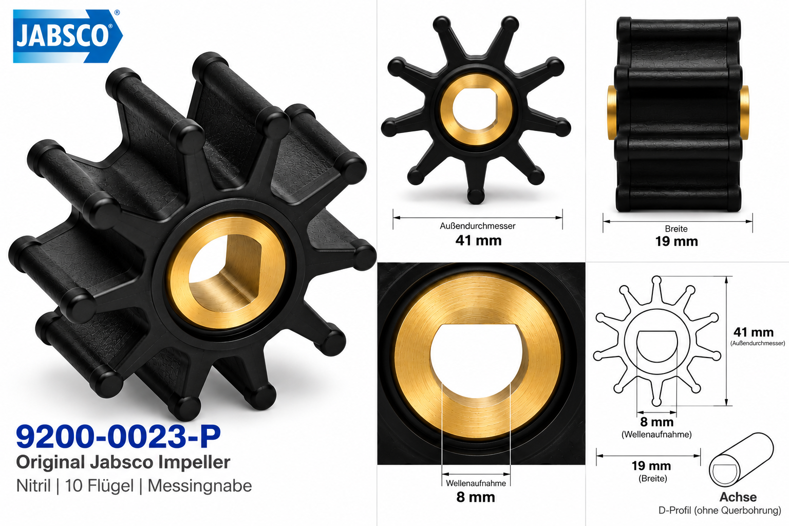 Jabsco Impeller Nitril mit 41 mm Außendurchmesser in einer technischen Zeichnung mit Maßen