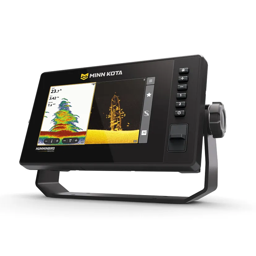 Schwarzes Minn Kota X7 Echolot Display mit farbiger Unterwasseransicht auf dem Bildschirm