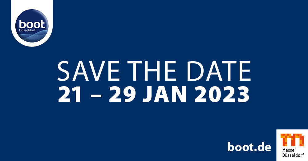 Ankündigung der Messe boot Düsseldorf vom 21. bis 29. Januar 2023 mit blauem Hintergrund.