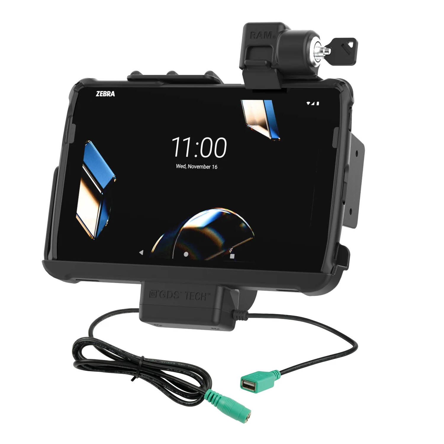 RAM Mounts Form-Fit Halteschale (Schlüsselverriegelung) für Zebra ET40 & ET45 (10“) Tablets - In Rugged Boot - 5.5mm DC & USB-A-Anschluss
