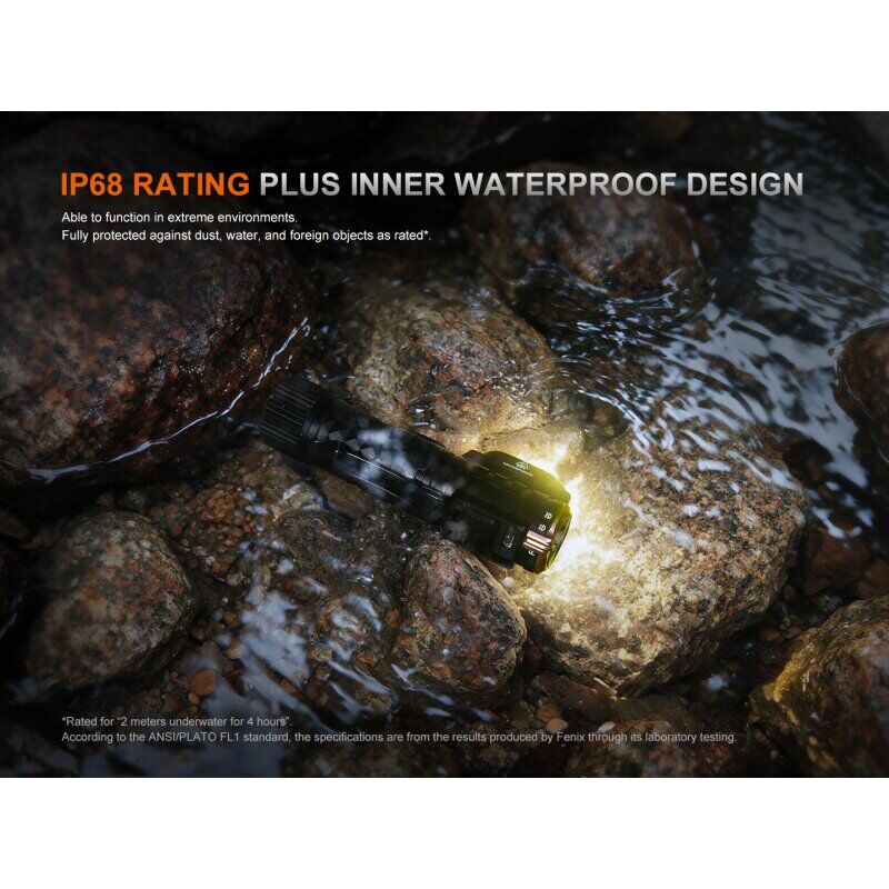 Fenix HM71R V2.0 LED Stirnlampe liegt eingeschaltet und beleuchtet im fließenden Wasser zwischen nassen Steinen.