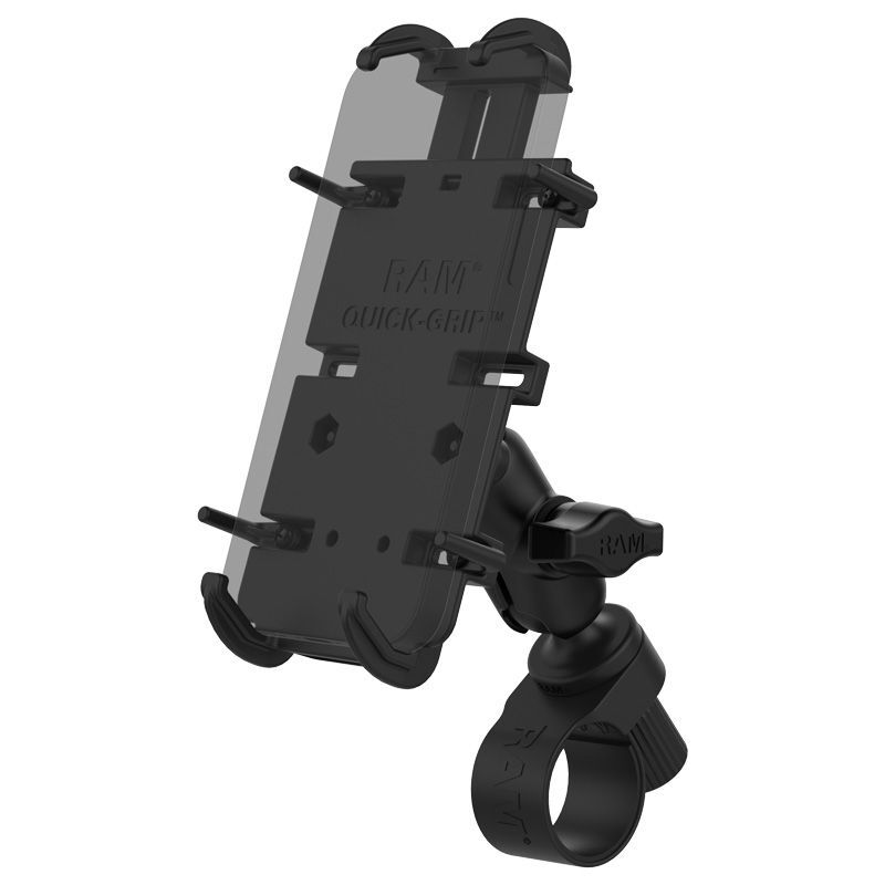 RAM Mounts Quick-Grip XL Universalhalterung-Set für Lenker und Rohre - B-Kugel (1 Zoll) - Tough-Strap (22,22 - 35,05 mm Klemmbereich) - Kurzer Verbindungsarm (ca. 61,46 mm) - Trapez Basisplatte (AMPS 2-Lochmuster)