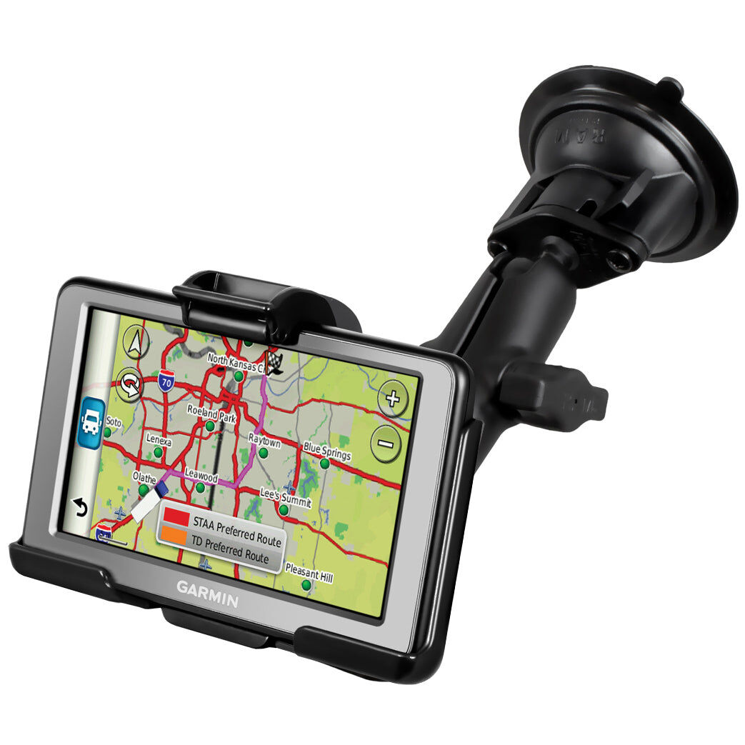 RAM Mounts Saugfuss-Halterung Garmin Dezl - mittlerer Verbindungsarm, 2x Diamond-Basisplatte (Trapez), Halteschale, B-Kugel (1 Zoll), im Polybeutel