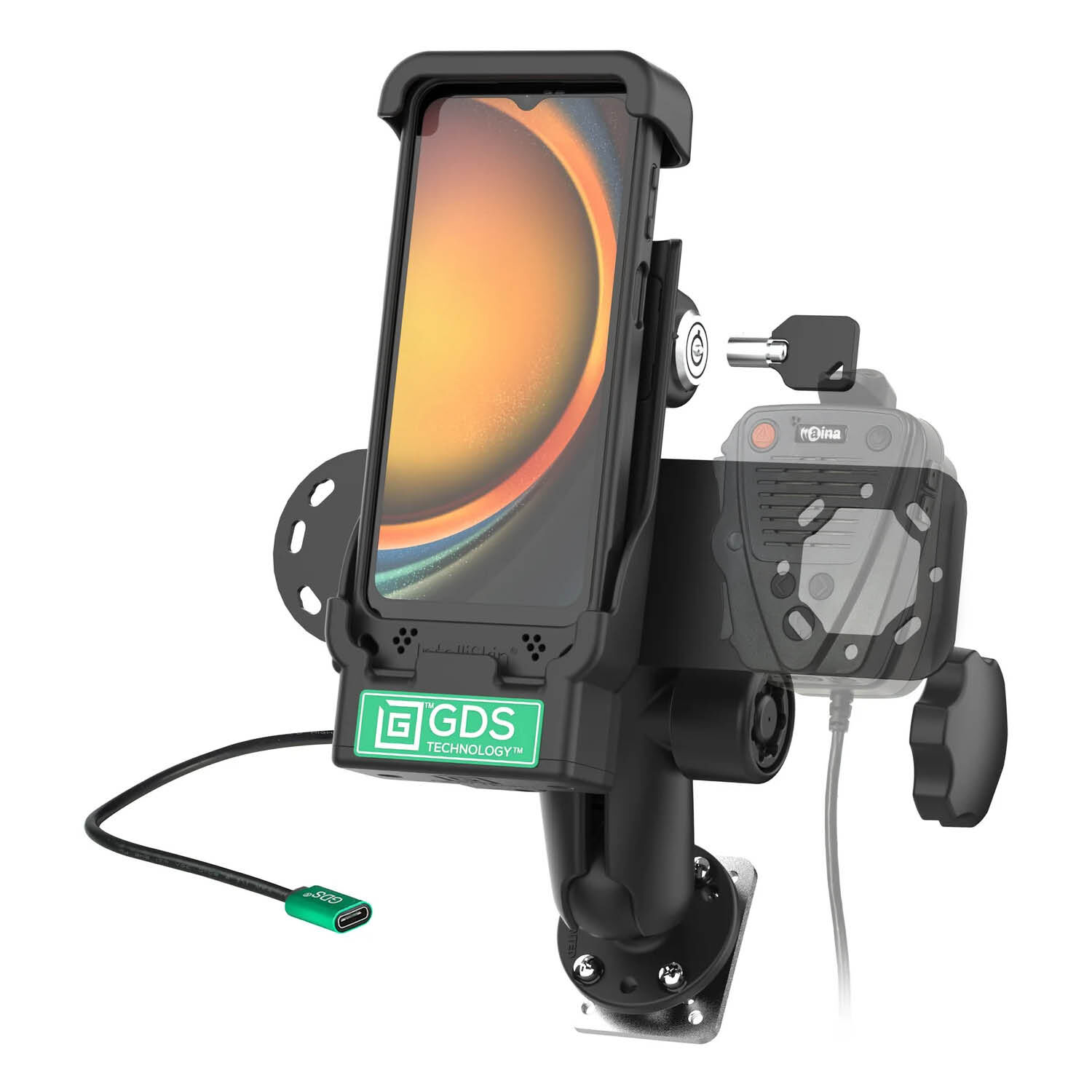 RAM Mounts GDS Fahrzeug-Ladestation für Samsung XCover 7 Pro & 6 Pro und Aina-Mikrofone - C-Kugel (1,5 Zoll), abschließbar