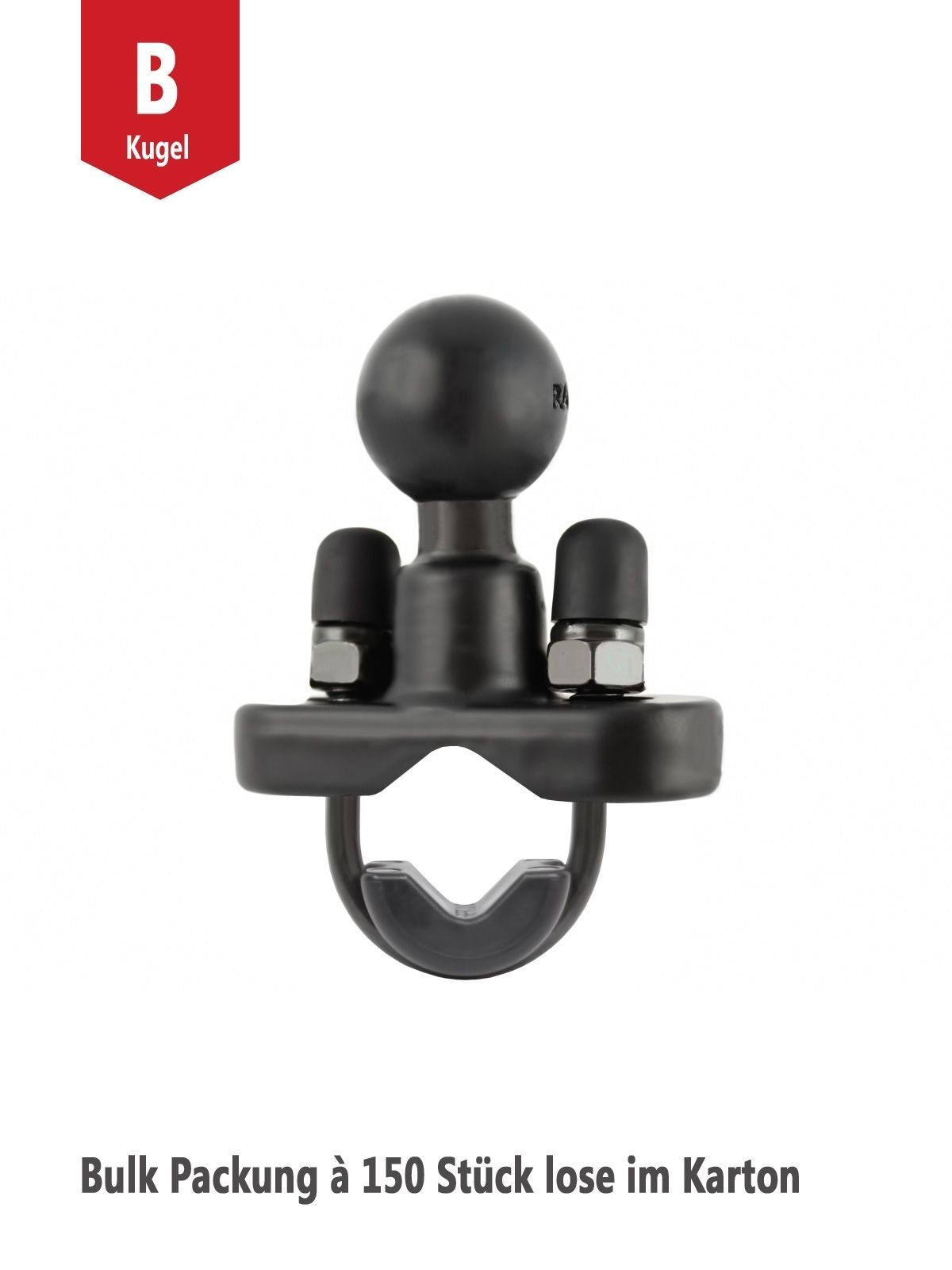RAM Mounts Klemmschelle (Rohre/Lenkerstangen) mit B-Kugel (1 Zoll) - verzinkte U-Bügel, Durchmesser-Verkleinerer, Bulk Packung à 150 Stück (lose im Ka