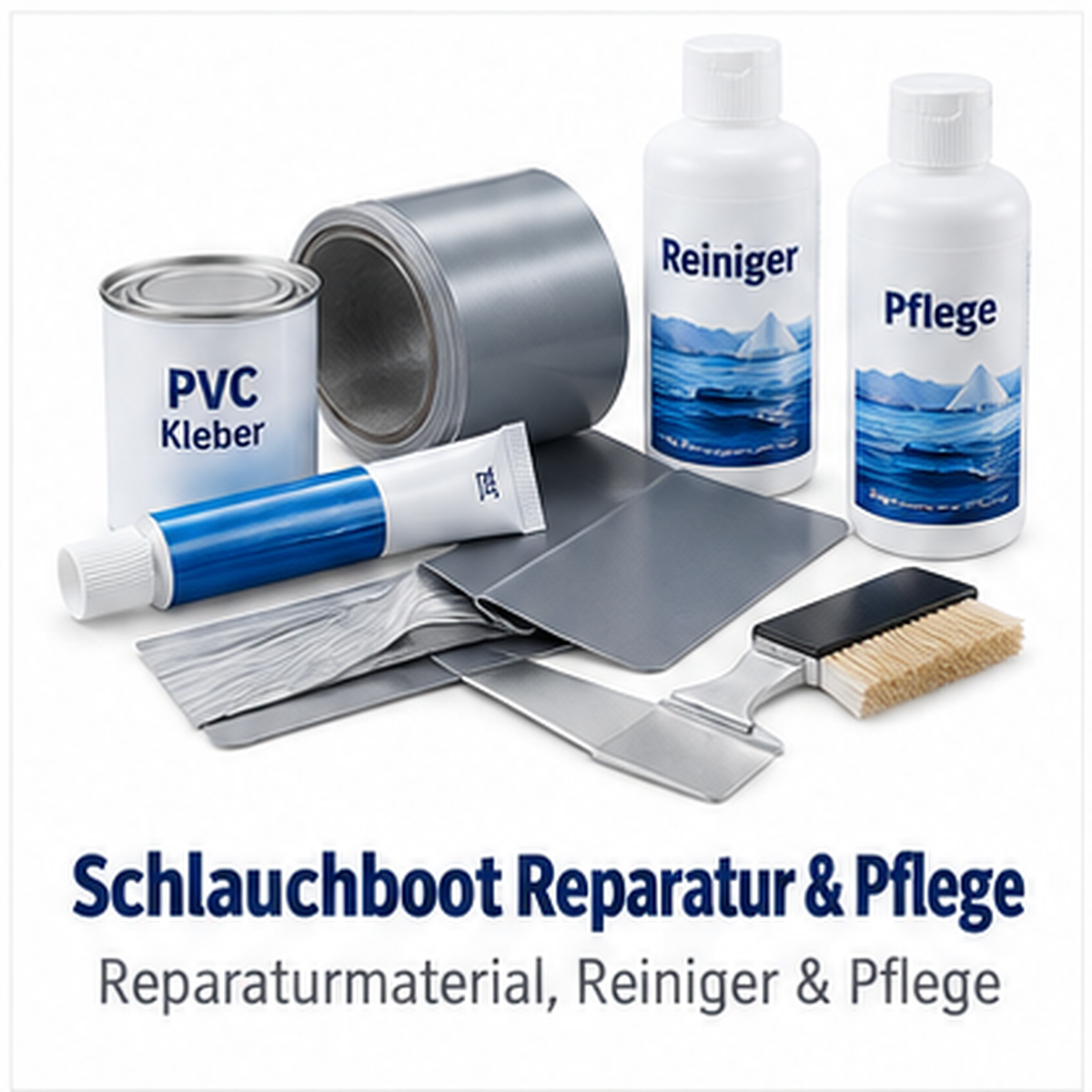 Umfangreiches Schlauchboot-Reparaturset mit Kleber, Flicken, Reiniger und Pflegeprodukten auf weißem Grund.