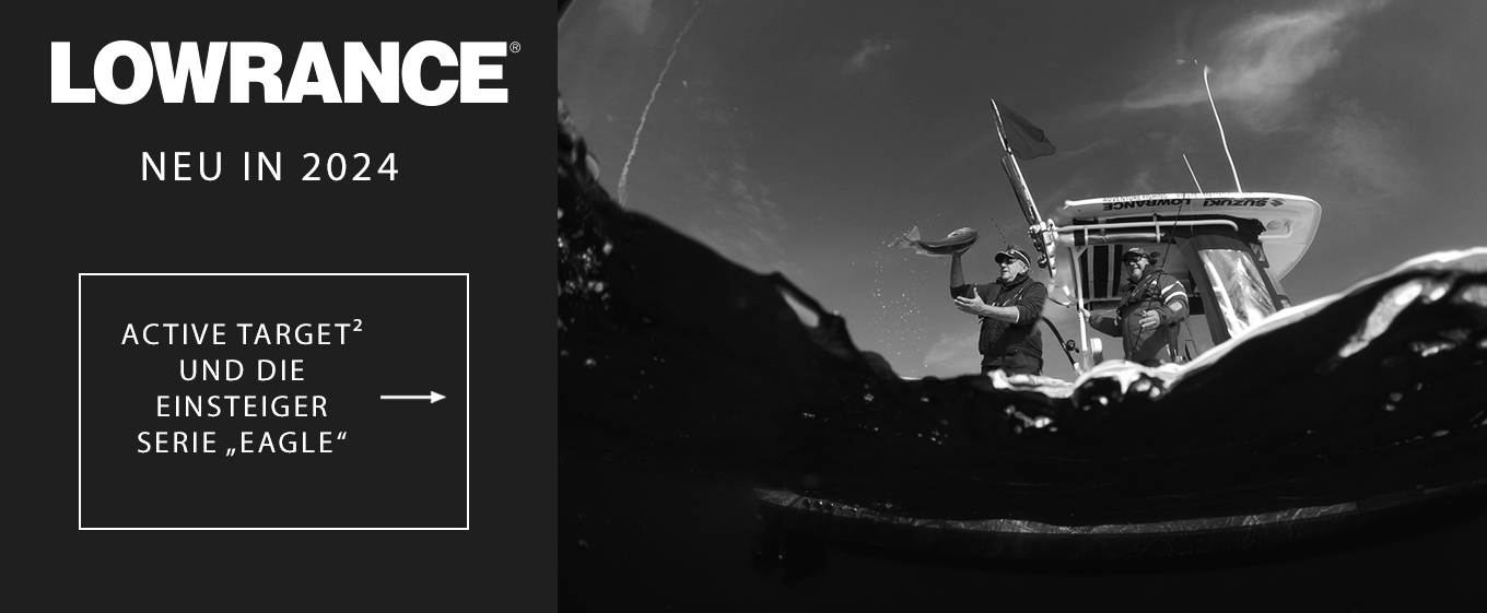 Lowrance Neuheiten 2024 mit Active Target 2 und der Einsteigerserie Eagle auf einem Boot.