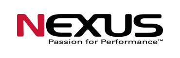 Das rote und schwarze Markenlogo von Nexus mit dem Slogan Passion for Performance auf weißem Grund.