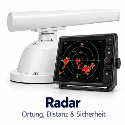 Schiffsradar bestehend aus einer weißen Antenne und einem Display mit Radaranzeige