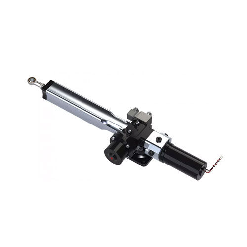 Elektrischer HyPro Linear-Antrieb mit silbernem Zylinder und schwarzem Motor auf weißem Hintergrund