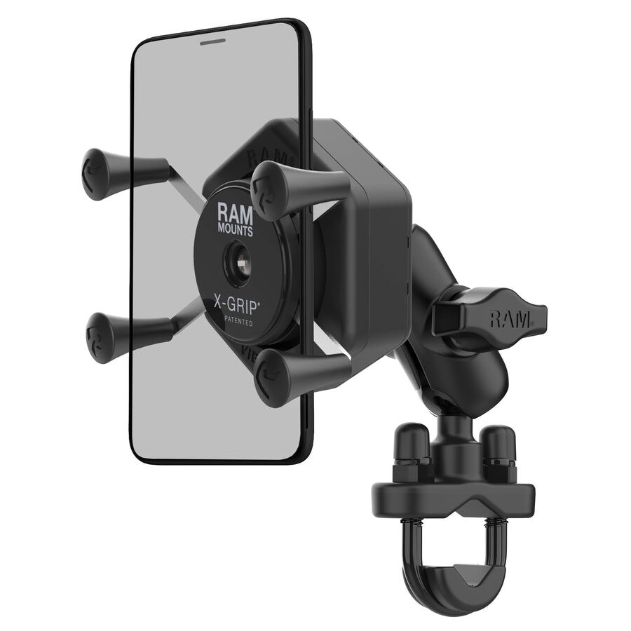 RAM Mounts X-Grip Lenker-/Rohr-Halterung für Smartphones bis 82,6 mm Breite mit Vibe-Safe Adapter - B-Kugel (1 Zoll), Rohr-Klemme, kurzer Verbindungsarm