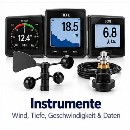 Schiffsinstrumente für Wind, Tiefe und Geschwindigkeit inklusive Sensoren und Displays auf weißem Hintergrund.