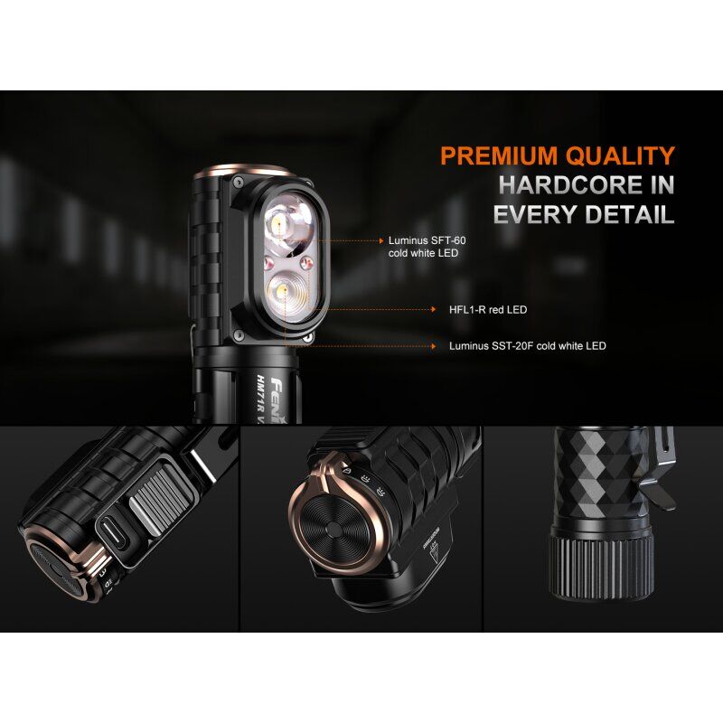 Nahansicht der Fenix HM71R V2.0 LED Stirnlampe mit Details zu den verschiedenen LEDs und Bedienelementen