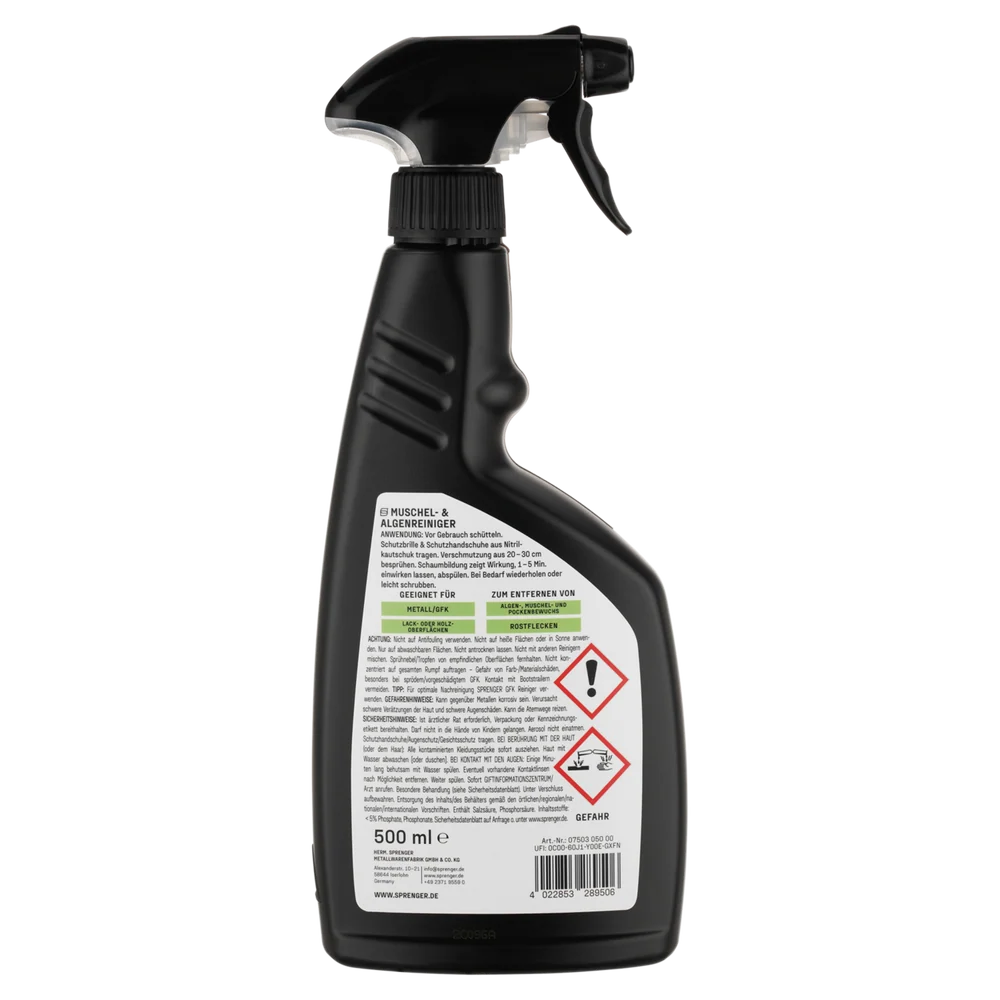 Sprenger Muschel- & Algenreiniger 500ml, Seitenansicht des Bewuchsentferners für Boot und Yacht.