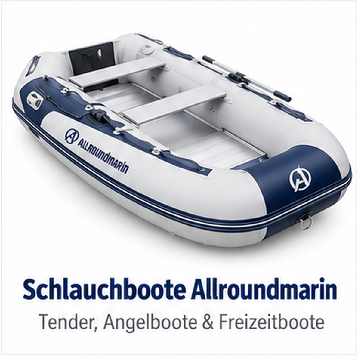 Allroundmarin Schlauchboot in Blau und Weiß mit zwei Sitzbänken und montierten Rudern im hellen Studio.