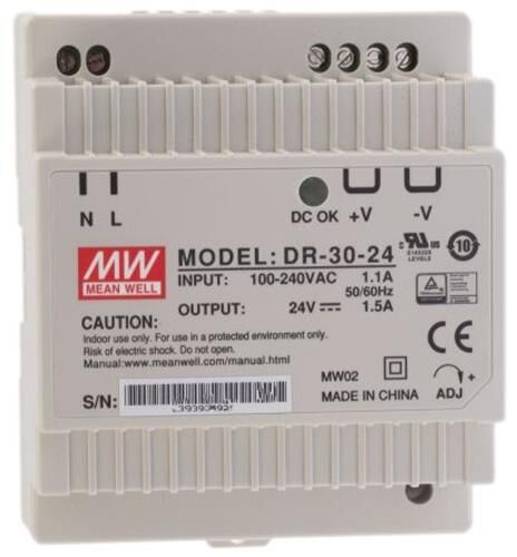 LED-Trafo MeanWell DR-30-24, 30 W, 88-264V / 47-63 Hz / 24 VDC, DIN-Schiene TS35/7.5, 93x78x56mm