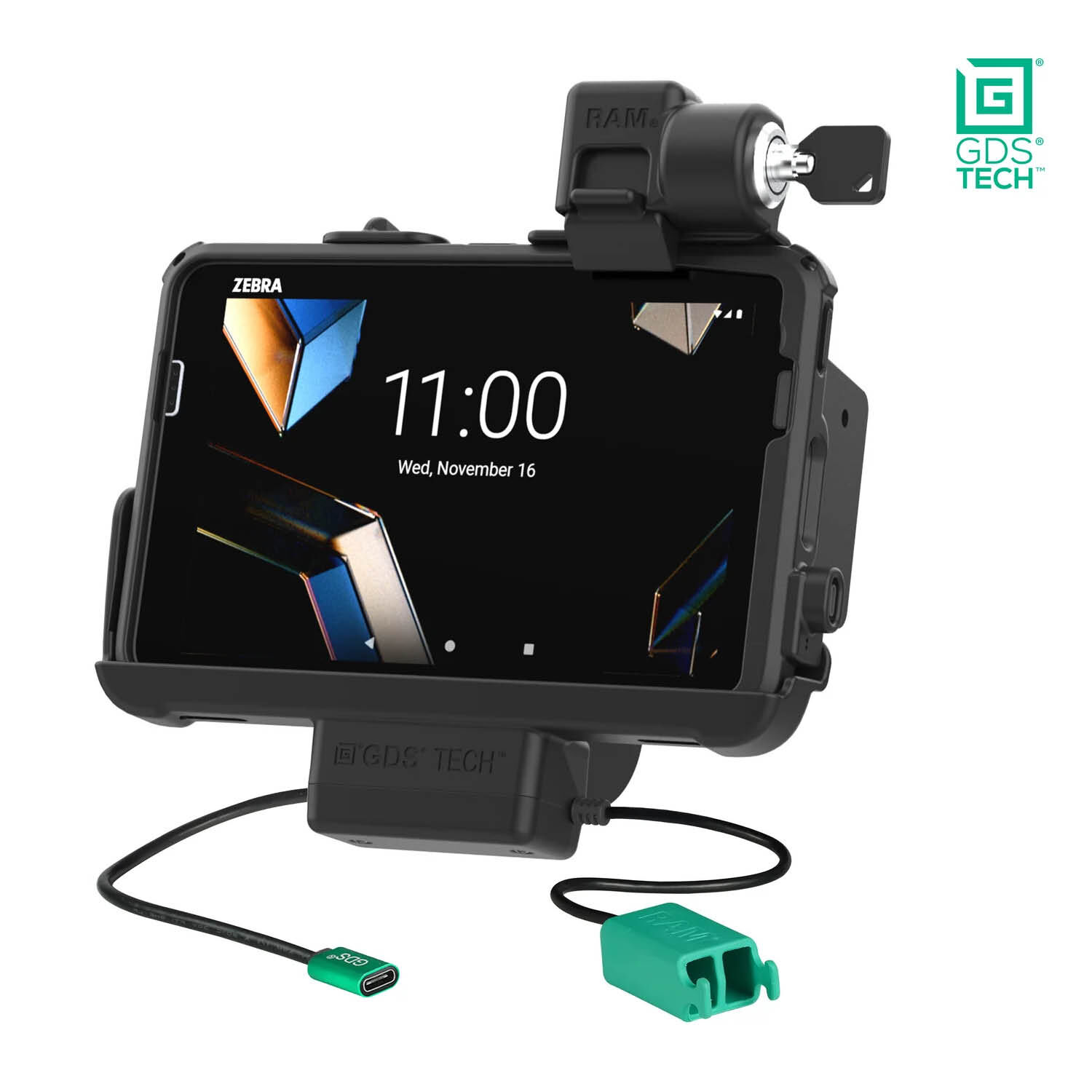 RAM Mounts GDS Form-Fit Halteschale (Schlüsselverriegelung) für Zebra ET40 & ET45 (8") Tablets in IntelliSkin Schutzhülle - USB-C & Dual USB-A-Anschluss
