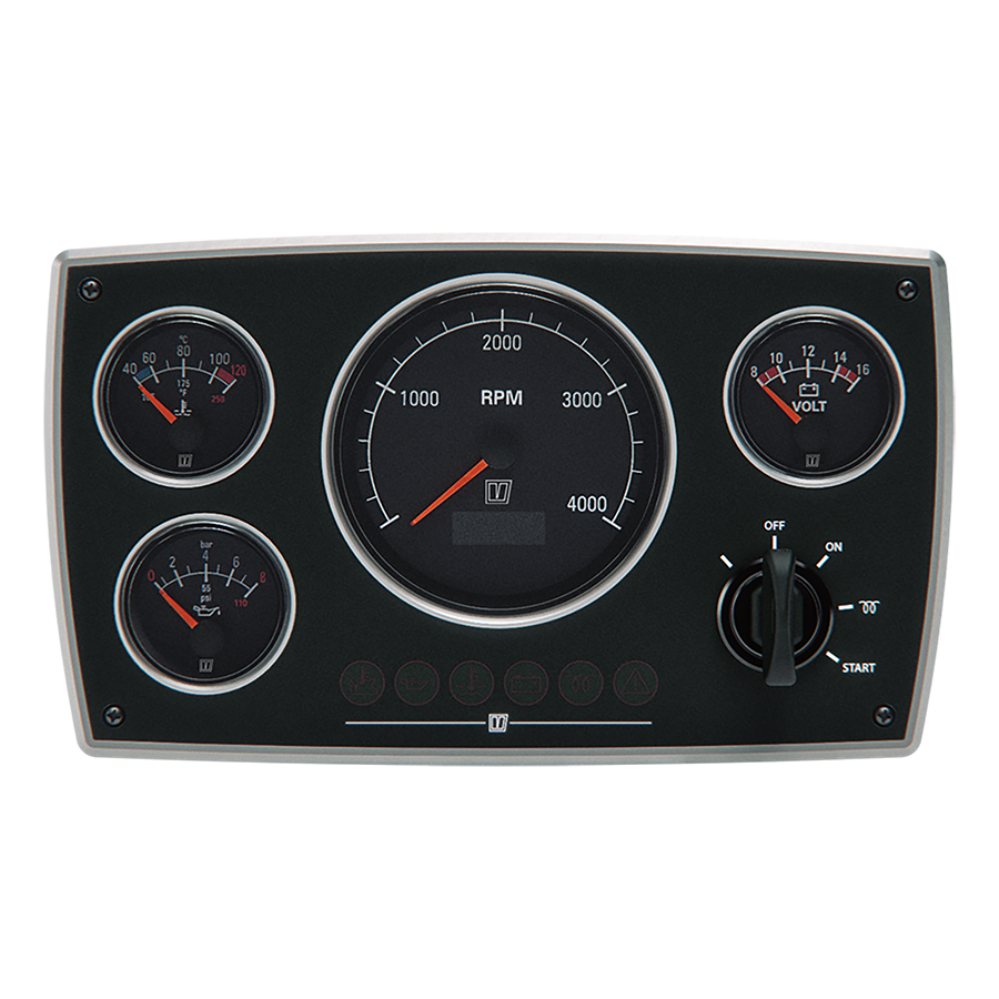 Vetus Alu-Instrumentenpanel MPA34 in Schwarz mit Drehzahlmesser, Anzeigen und Zündschloss.