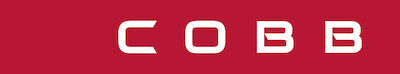Das weiße Markenlogo von Cobb auf rotem Hintergrund.