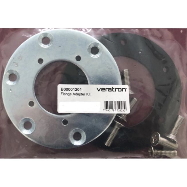 Veratron Flange Adapter Kit mit Metallring, Dichtung und Schrauben in Verpackung.