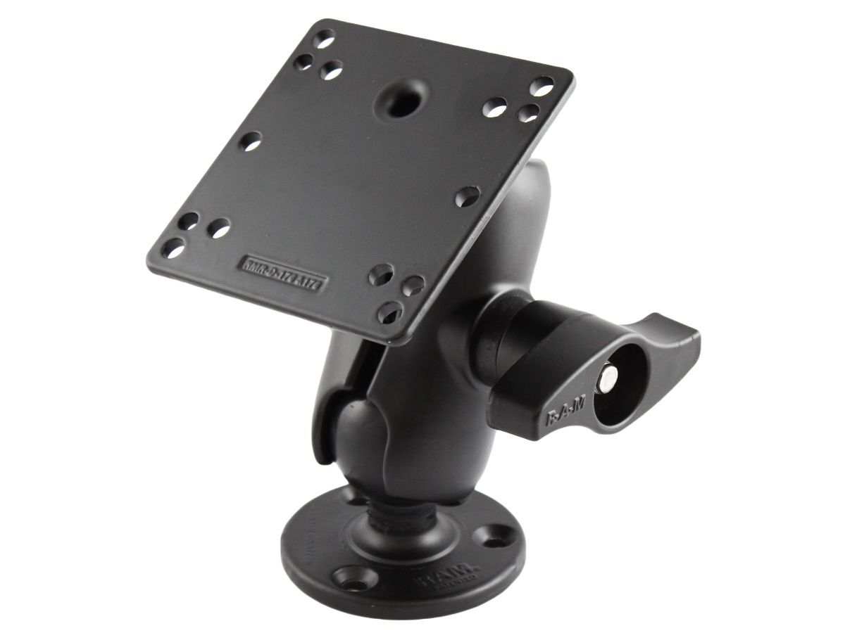 RAM Mounts Aufbau-Set - runde Basisplatte (93,5 mm Durchmesser), kurzer Verbindungsarm, VESA-Platte (75x75 u. 100x100 mm Lochraster), D-Kugel (2,25 Zo