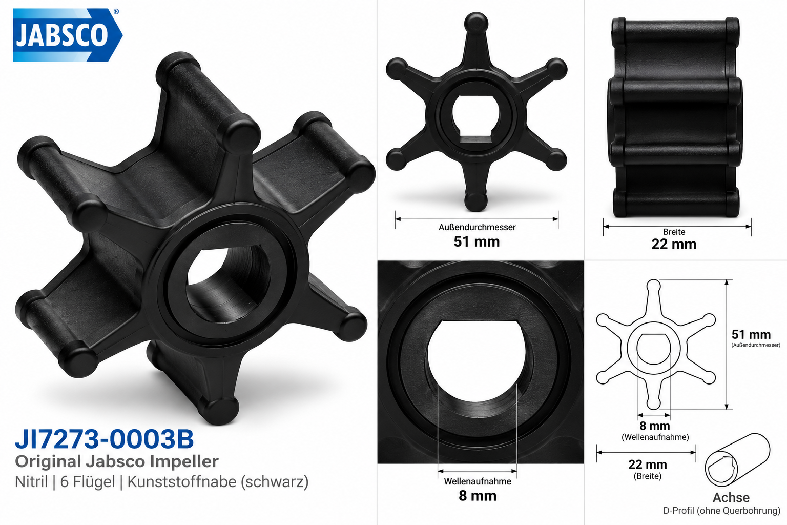 Jabsco Impeller mit 51 mm Außendurchmesser und 6 Flügeln in einer technischen Zeichnung mit Maßen