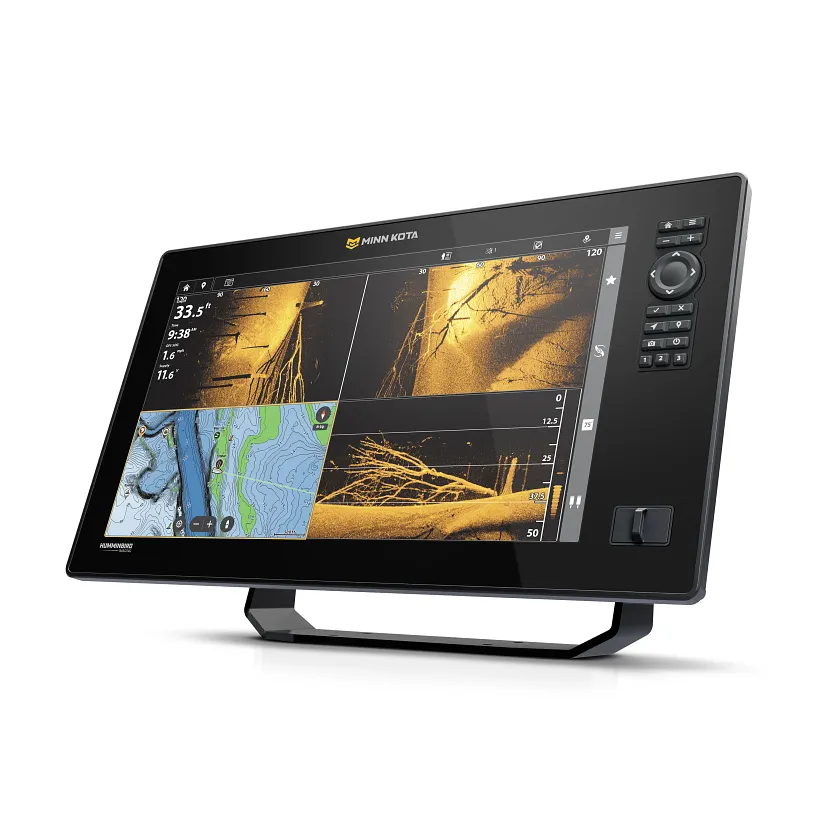 Das Minn Kota X16 Echolot zeigt auf seinem Display eine detaillierte Sonar- und Kartenansicht mit Bedienfeld.