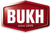 Rotes Markenlogo von Bukh Motoren mit weißem Schriftzug und dem Gründungsjahr 1899.