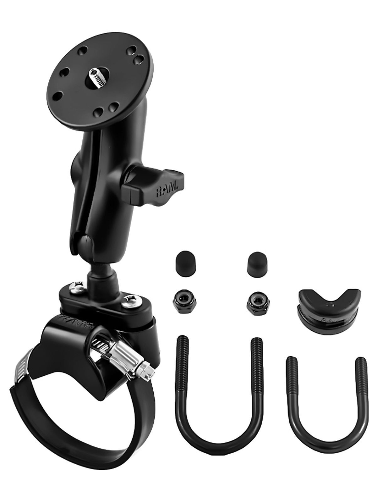 RAM Mounts Rohr-Set für Kameras - B-Kugel (1 Zoll), Klemmschelle, mittlerer Verbindungsarm, runde Basisplatte mit 1/4"-20 Gewindestift