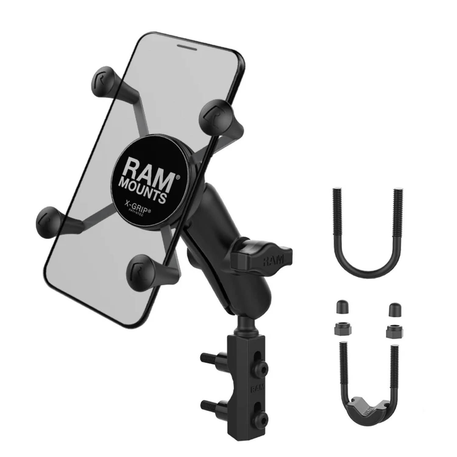 RAM Mounts X-Grip Motorrad-Halterung für Smartphones - Bis 82,55 mm Breite - Mittlerer Verbindungsarm - Basisbefestigung (Lenker/Bremse/Kupplung/Rohre - 12,7 mm - 31,75 mm Durchmesser) - B-Kugel (1 Zoll) - Schrauben-Set