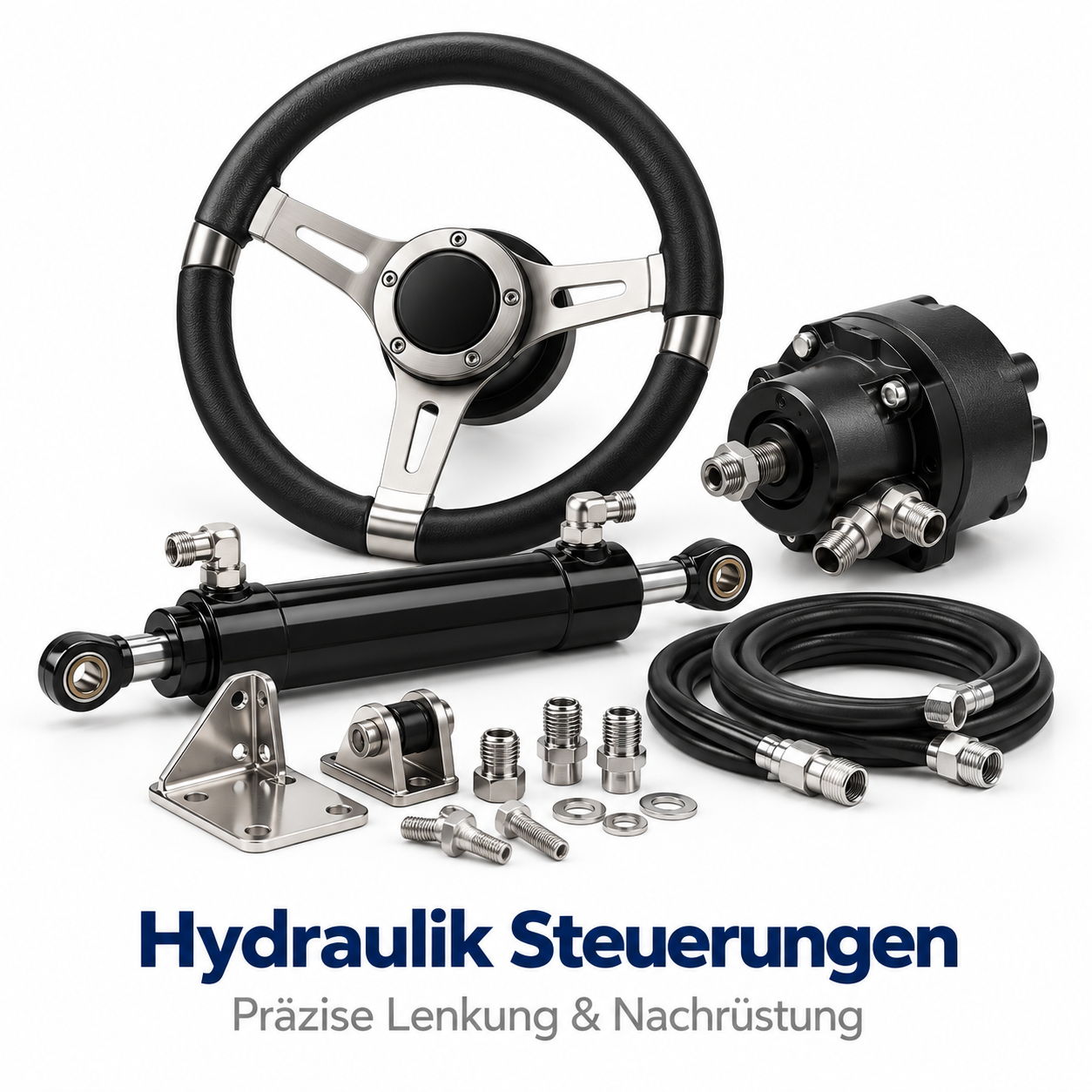 Komplettes Hydraulik-Lenkung-Set mit Lenkrad, Zylinder, Pumpe, Schläuchen und Montagematerial vor hellem Hintergrund.