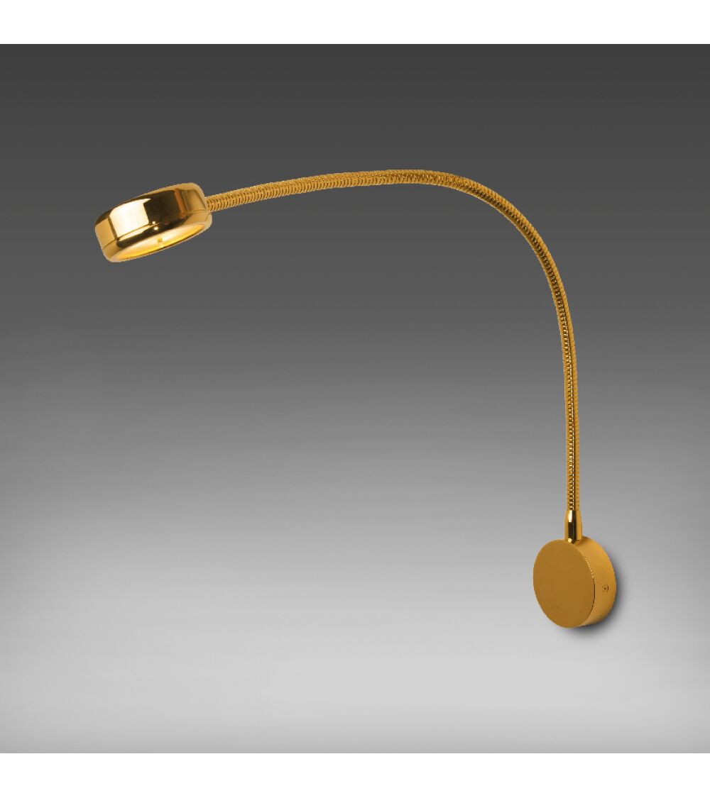 Prebit LED-Flexleuchte in Goldoptik mit rundem Wandhalter und flexiblem Arm auf grauem Hintergrund