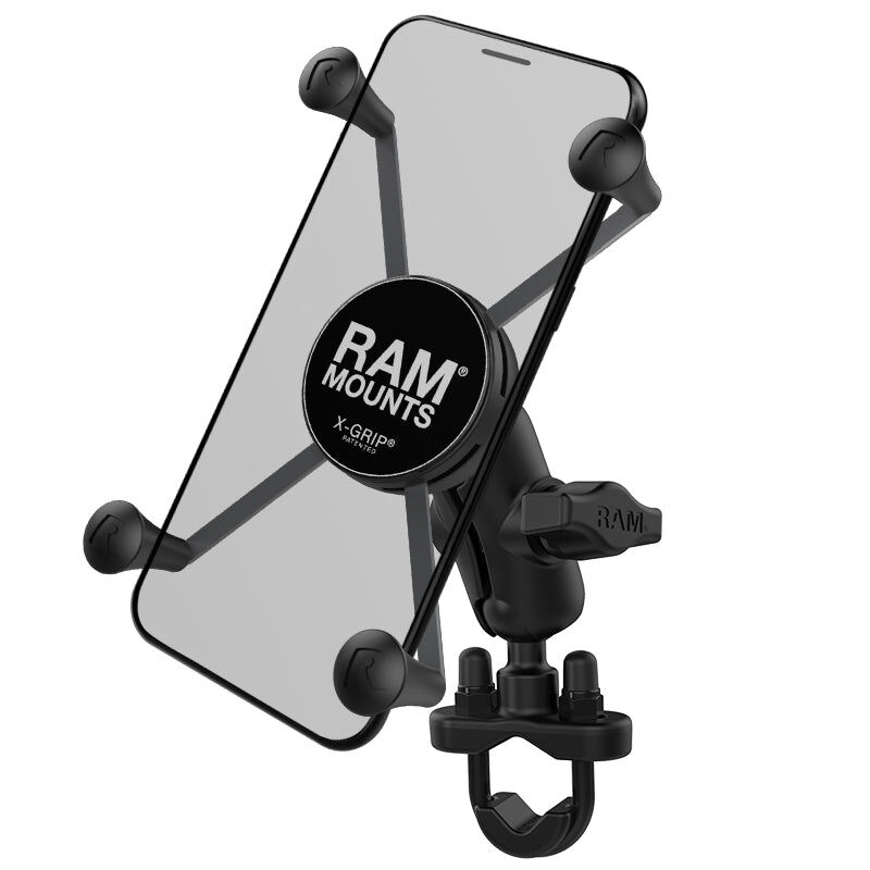 RAM Mounts X-Grip Lenker-Halterung für Smartphones - Bis 114,3 mm Breite - Kurzer Verbindungsarm - U-Bügel Basis (Durchmesser 12,7 mm bis 31,75 mm) - B-Kugel (1 Zoll)