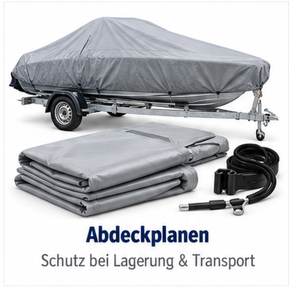 Graue Bootsabdeckplane auf einem Boot auf Anhänger sowie zusammengelegt mit Gurten im Vordergrund