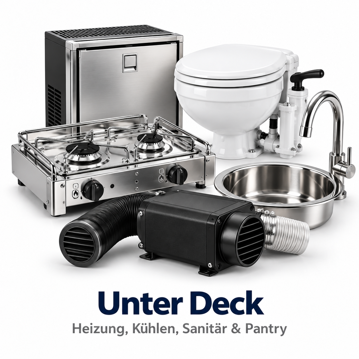 Bootsausstattung für Unter Deck mit Heizung, Kühlschrank, Toilette, Kocher und Spülbecken.