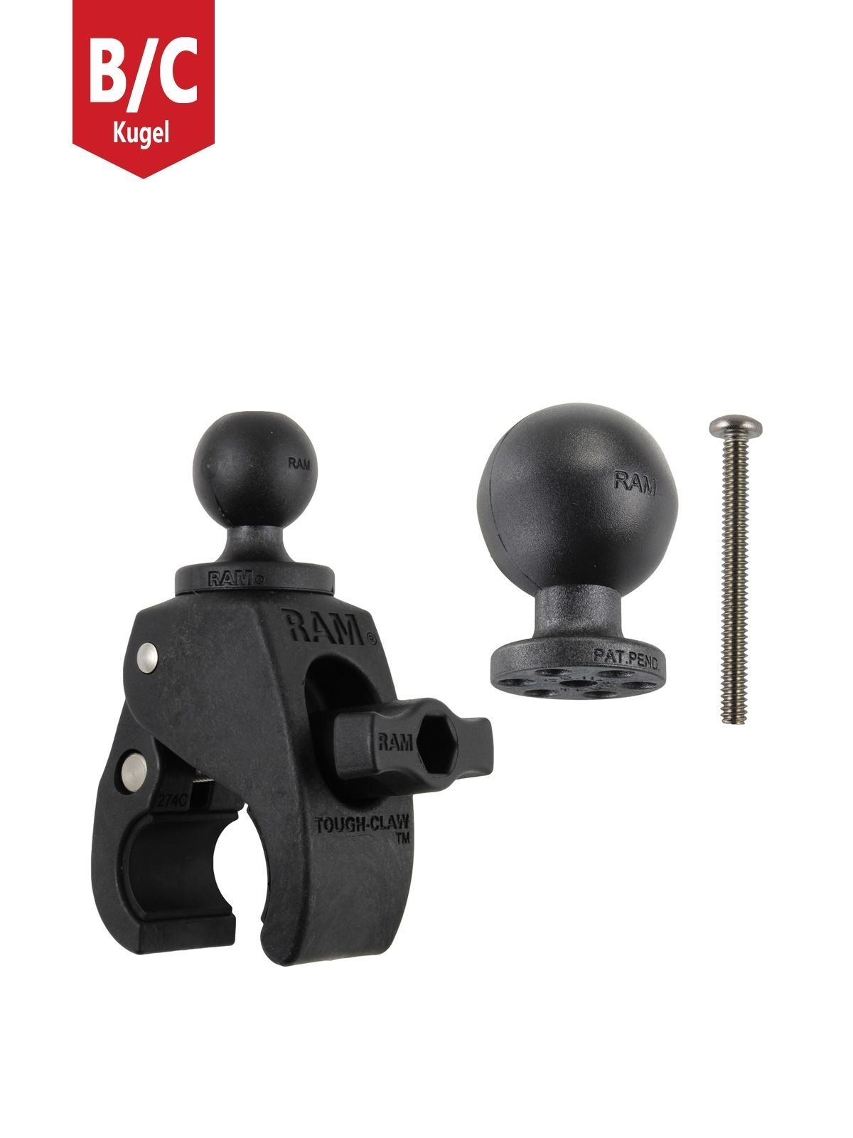 RAM Mounts Tough-Claw Halteklammer (klein) mit Feststellschraube  - B-Kugel (1 Zoll), zusätzliche C-Kugel (1,5 Zoll), Durchmesser 15,9-29,0 mm