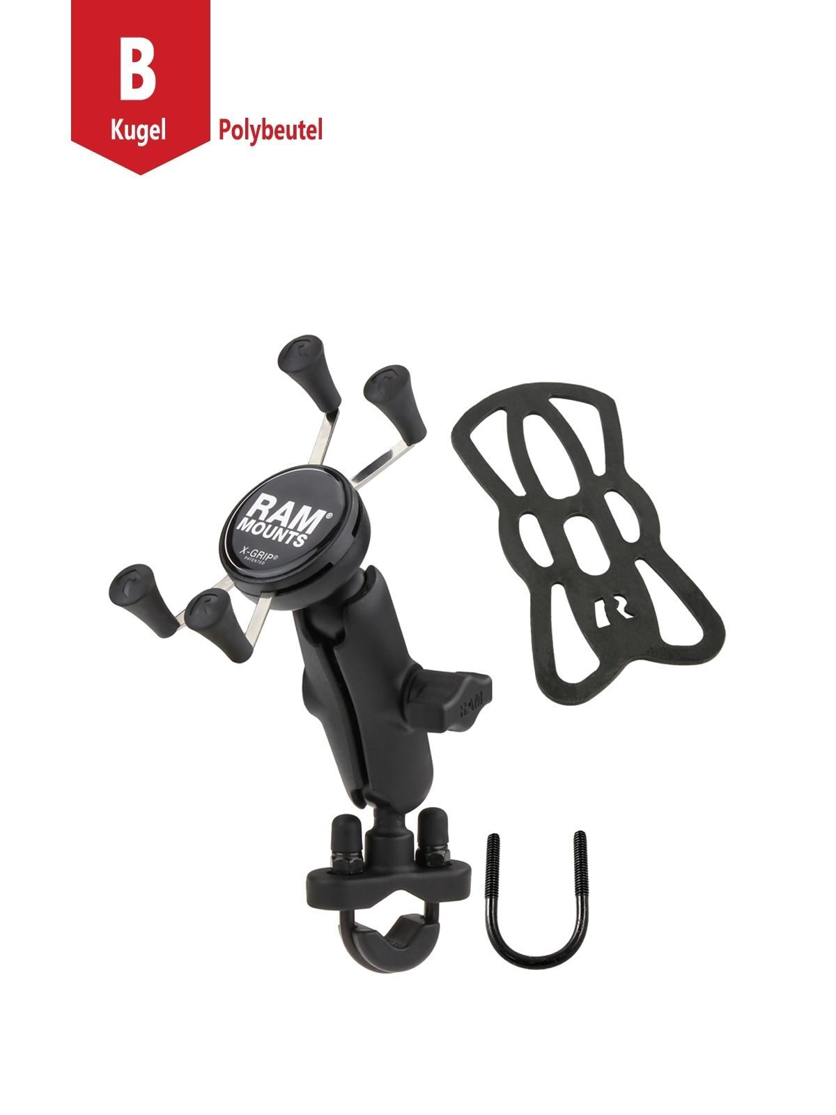 RAM Mounts X-Grip Lenker-Halterung für Smartphones - Bis 82,55 mm Breite - Mittlerer Verbindungsarm - U-Bügel Basis (Durchmesser 12,7 mm bis 31,75 mm) - B-Kugel (1 Zoll)