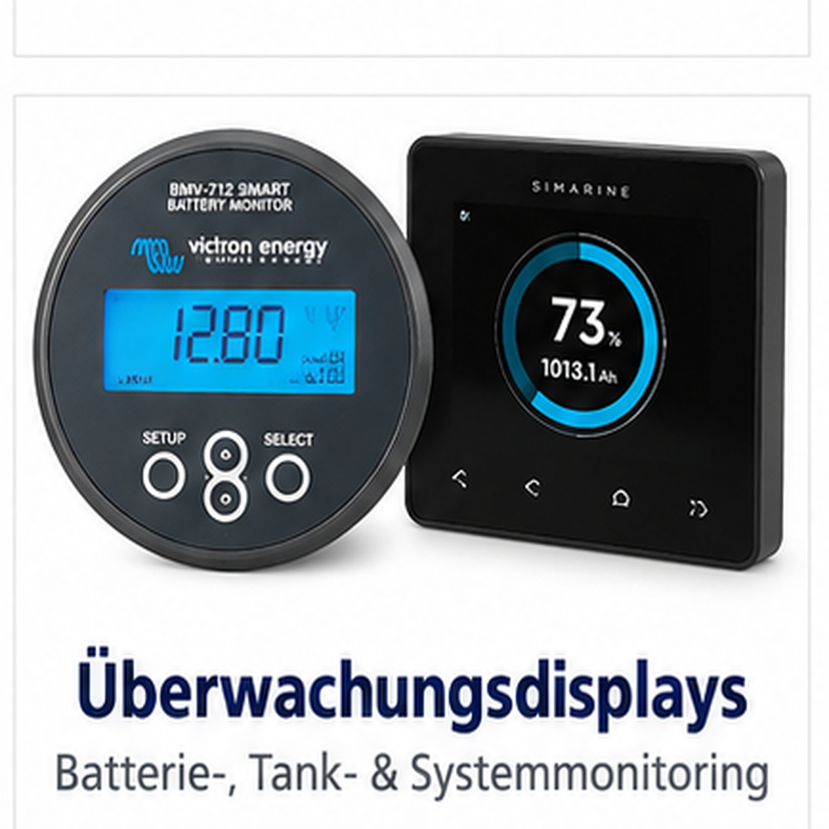 Zwei Uberwachungsdisplays fur Batterie und Systemmonitoring, links von Victron Energy und rechts von Simarine.