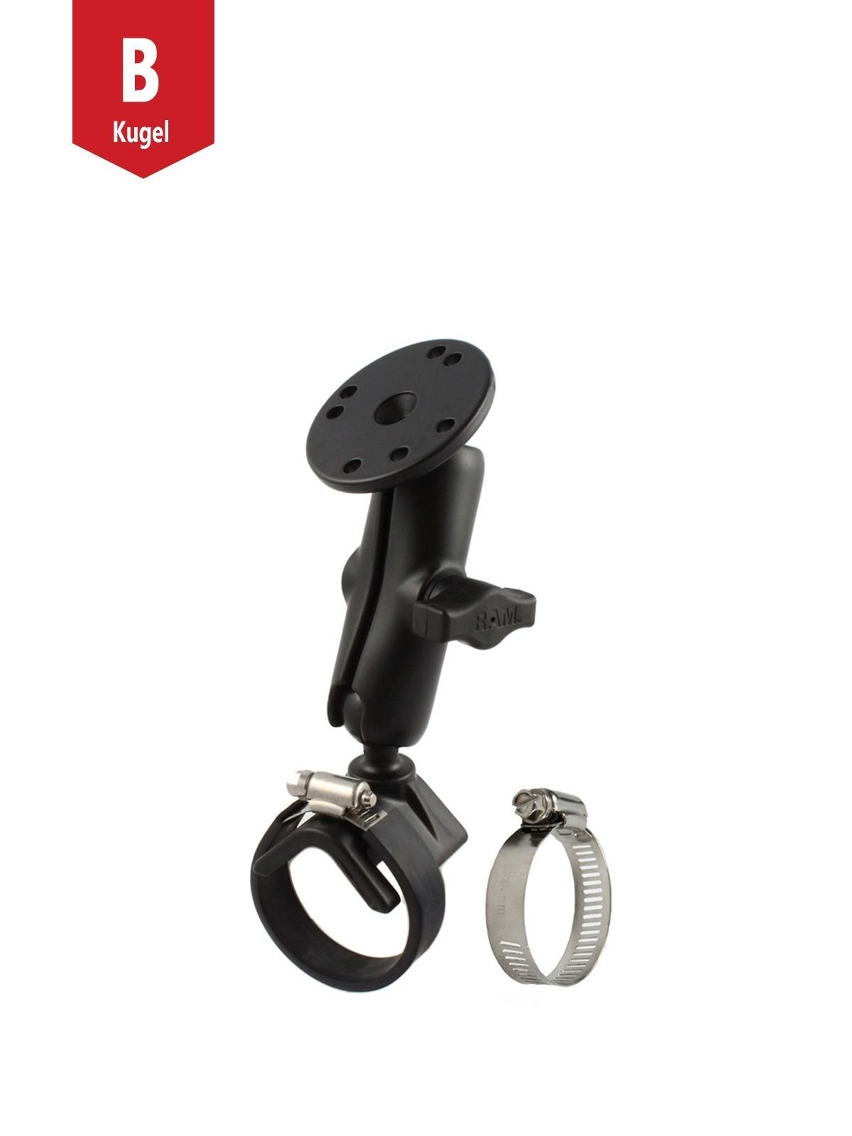 RAM Mounts Aufbau-Set - B-Kugel (1 Zoll) - 1x Rohrschelle (Klemmbereich 25,4 - 53,34 mm) - Mittlerer Verbindungsarm (ca. 94,74 mm) - 1x Runde Basisplatte (AMPS)