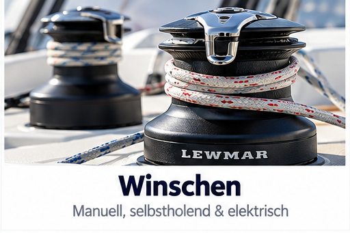 Zwei Lewmar Winschen auf dem Deck eines Segelbootes mit aufgewickelten Leinen im Nahbereich.