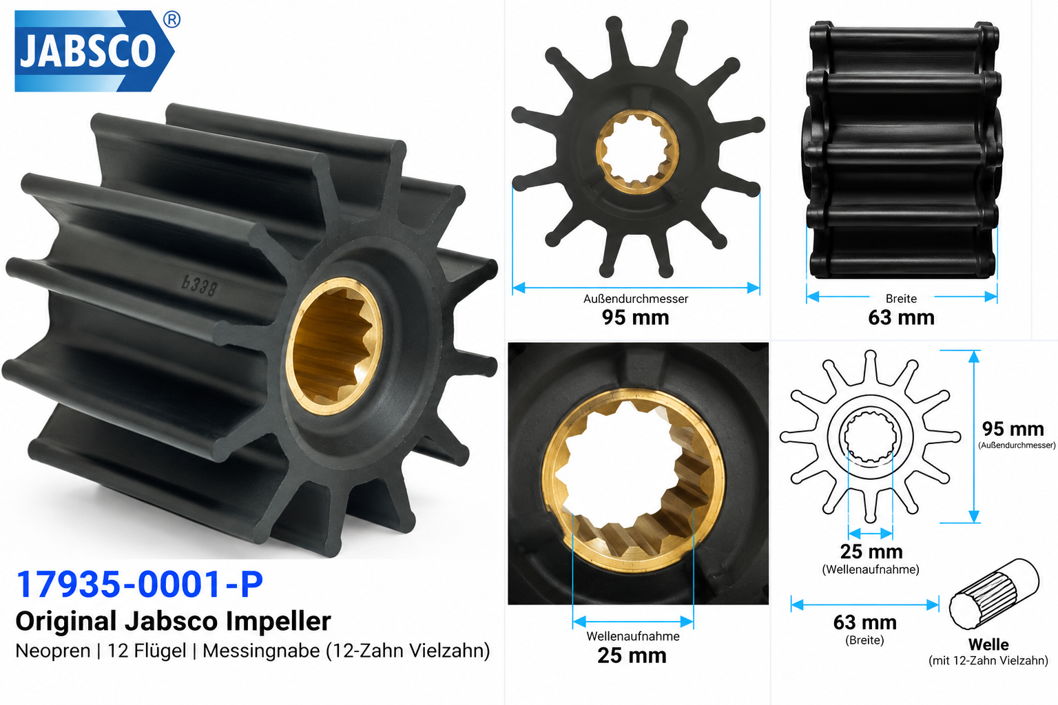 Jabsco Impeller Neopren/Ms 95mm, 12 Flügel, technische Zeichnung mit Abmessungen
