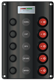 Schwarze allpa Schalttafel 12 V mit funf roten Wippschaltern und integrierter Batteriespannungsanzeige.