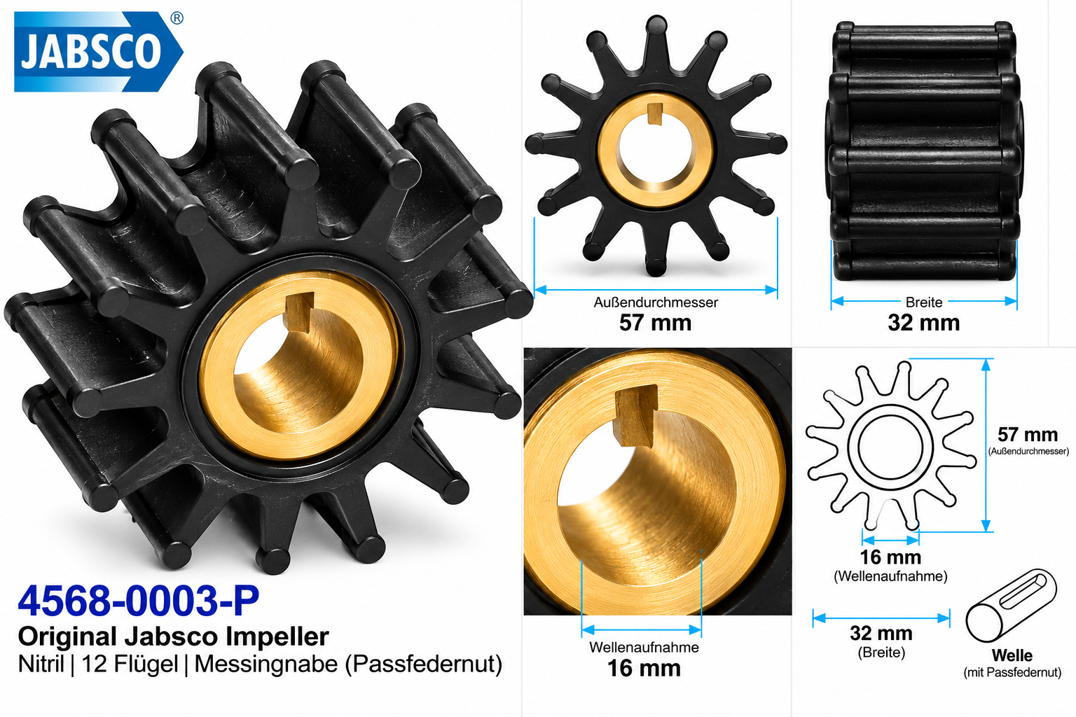 Jabsco Impeller Nitril/Ms mit 57 mm Außendurchmesser als Maßblatt in der Detailansicht