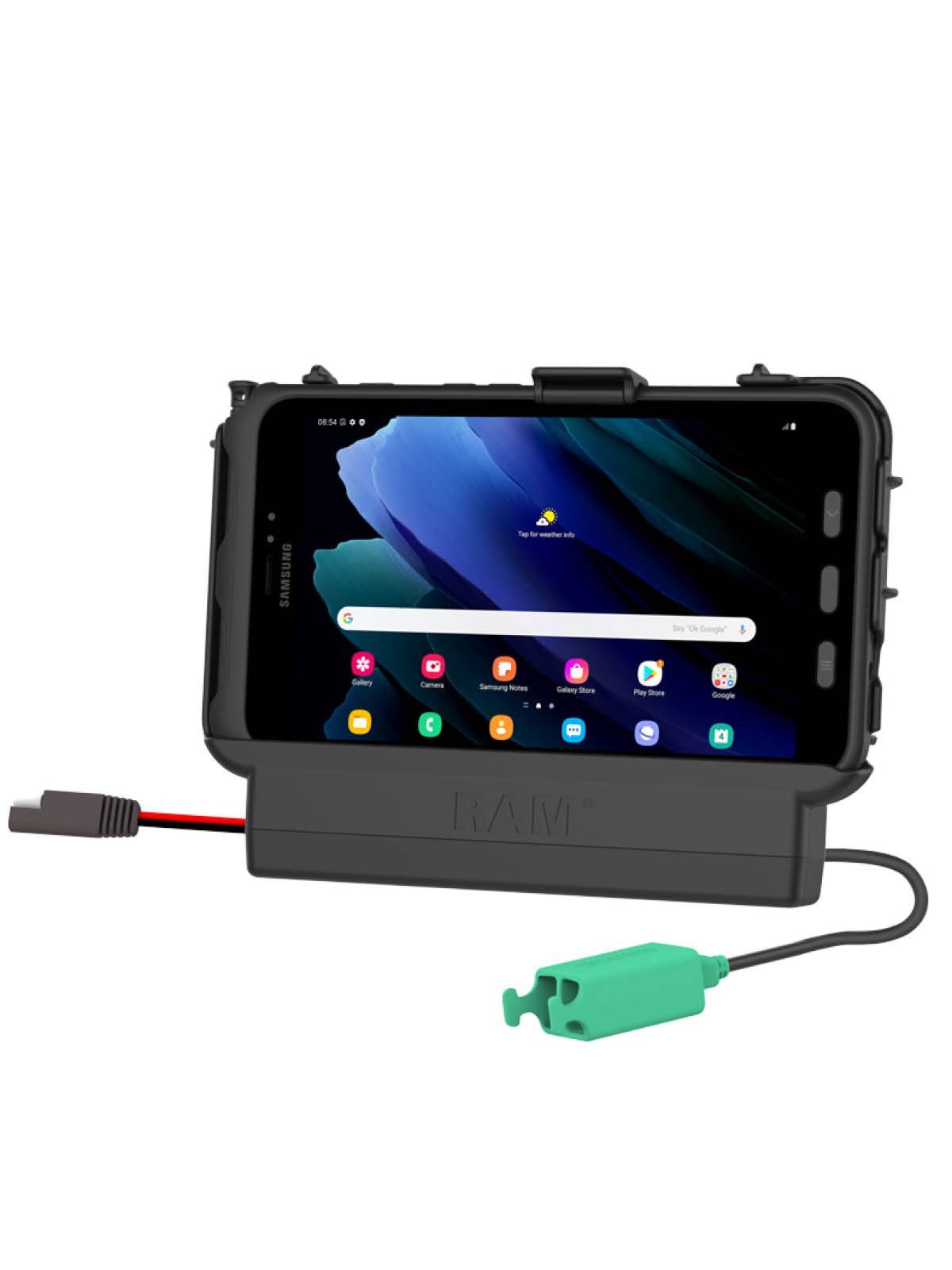 RAM Mounts EZ-Roll'r Halteschale für Samsung Tab Active3 & Active5 - In OEM/RAM Schutzhülle - Integrierter Lautsprecher - SAE & Dual USB-A Anschluss