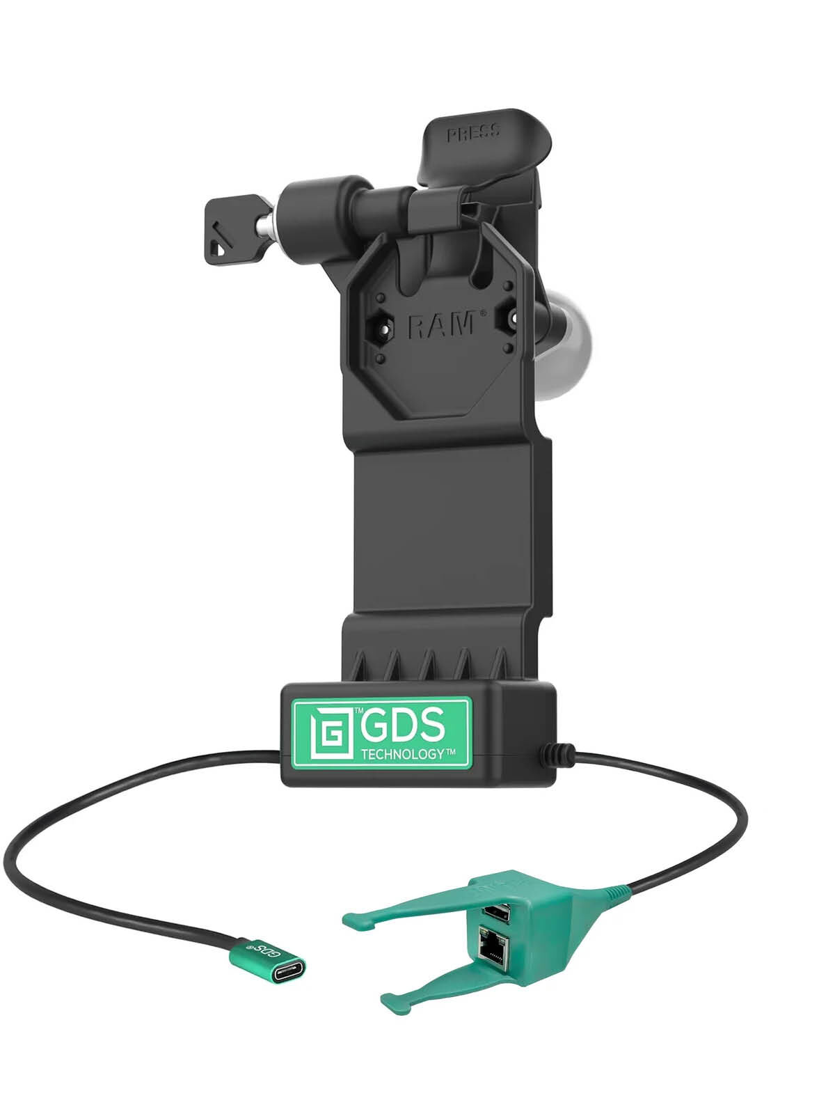 RAM Mounts GDS Uni-Conn Ladestation mit Schlüsselverriegelung (Links) - 2-Lochmuster AMPS - USB-C & USB-A/RJ45-Anschluss - Schrauben-Set